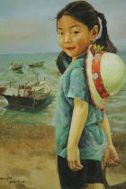 Oil on canvas, eastern portrait of a young girl on a beach with boats, signed and dated Angxin,
