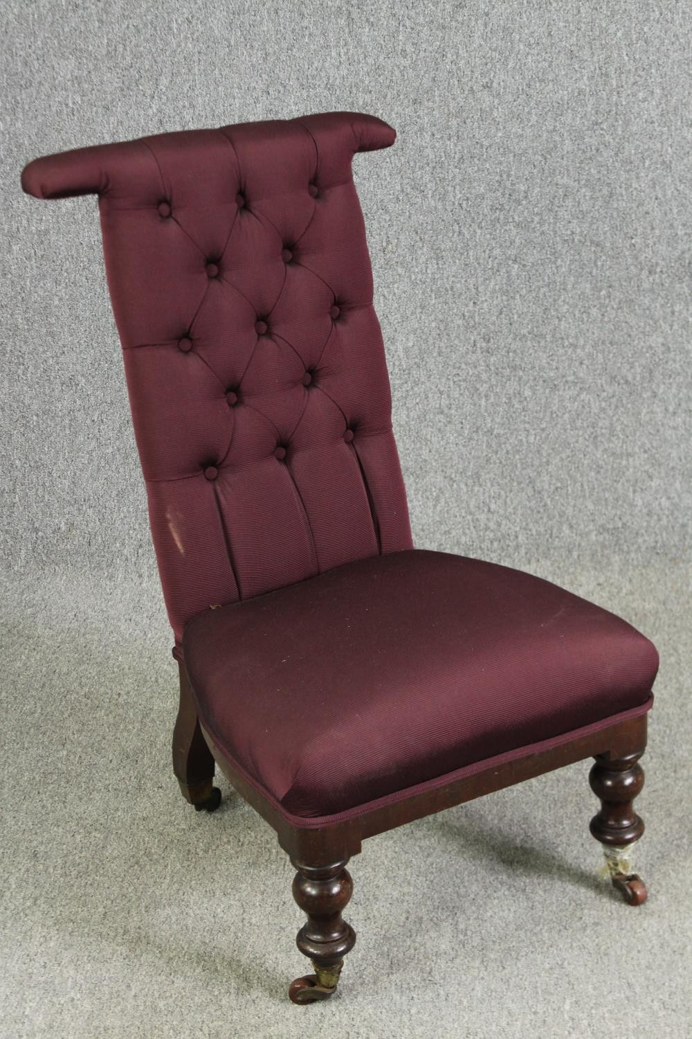 A Victorian mahogany prie dieu chair with modern aubergine textured upholstery. H.96cm. - Image 2 of 6