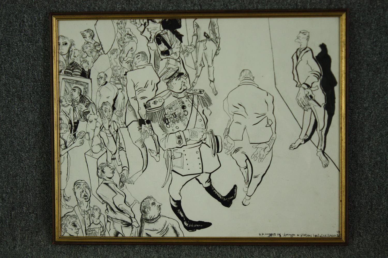 A satirical pen and ink caricature of the state opening of the Oslo art exhibition Høstutstillingen, - Image 2 of 4