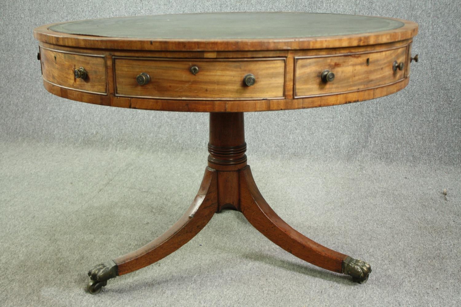 A Regency mahogany drum top library table, with a green tooled leather inset top, 19th century. H.76 - Image 4 of 8