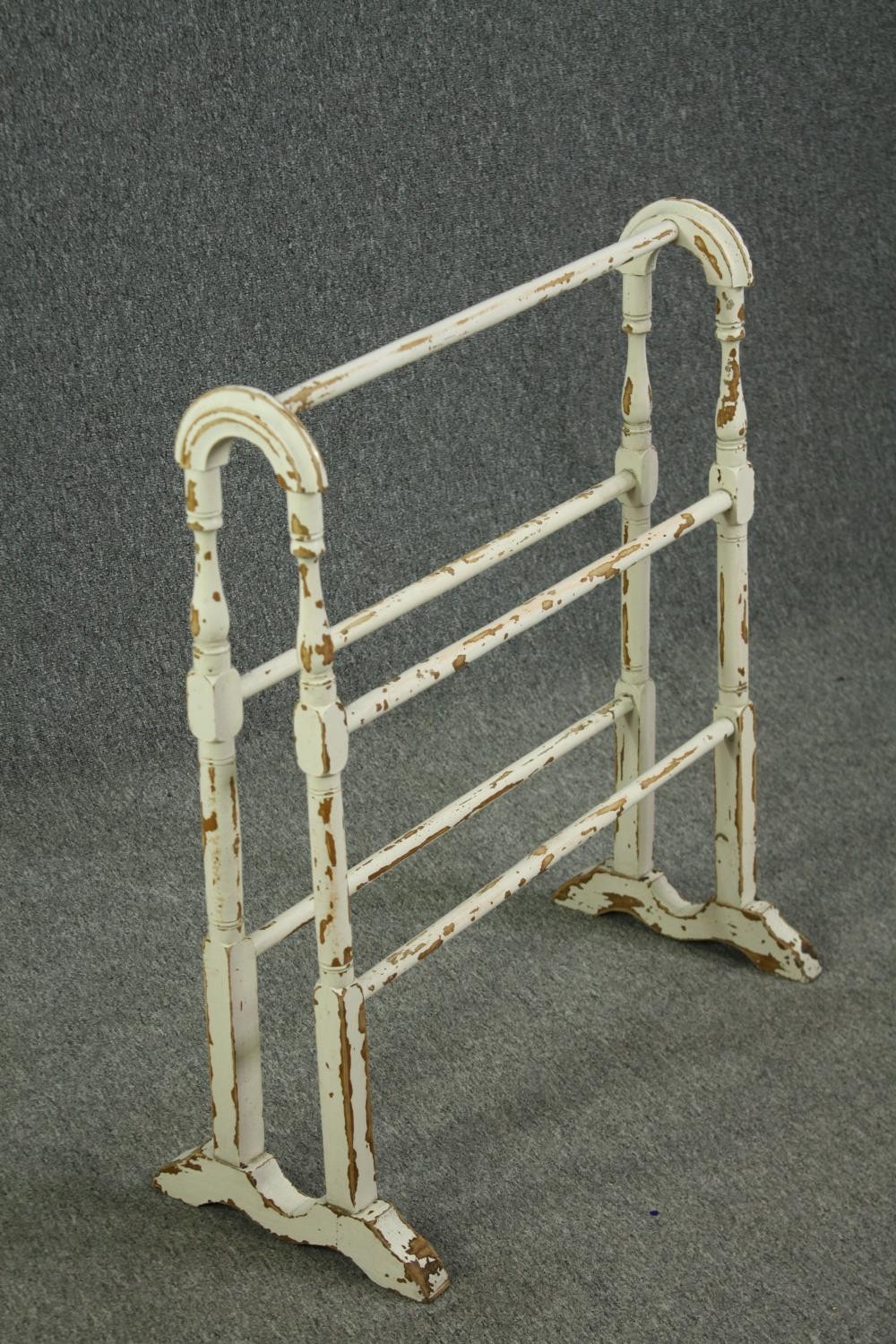 A Victorian distressed white painted towel rail. H.80 W.67 D.16cm. - Image 3 of 5