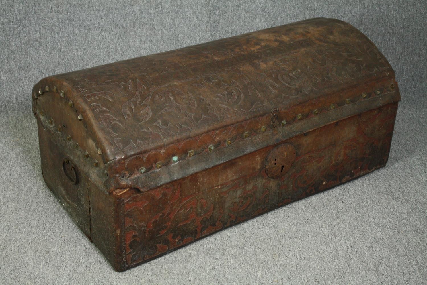 Travelling trunk, 19th century studded embossed leather. H.47 W.110 D.54cm. - Image 4 of 14
