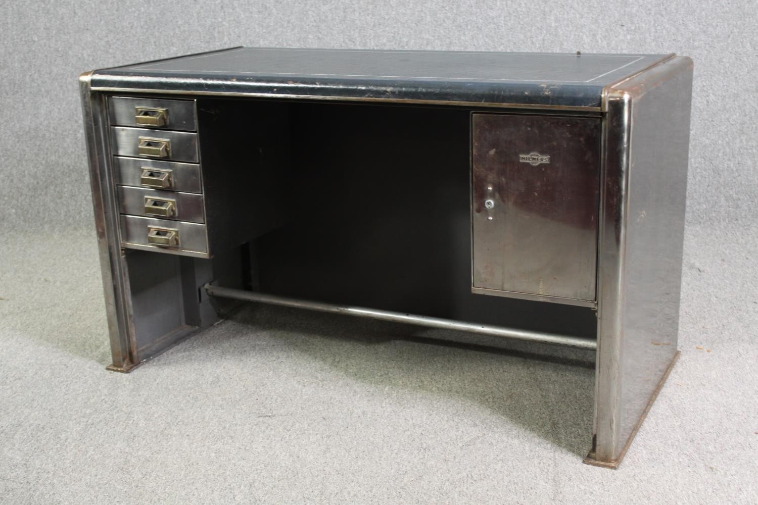 An industrial steel and leather desk by Harvey Milner, H.72 W.121 D.62cm. - Image 3 of 11