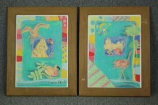 A pair of pastel compositions of tropical beach scenes, framed and glazed, signed. H.74 W.58cm. (