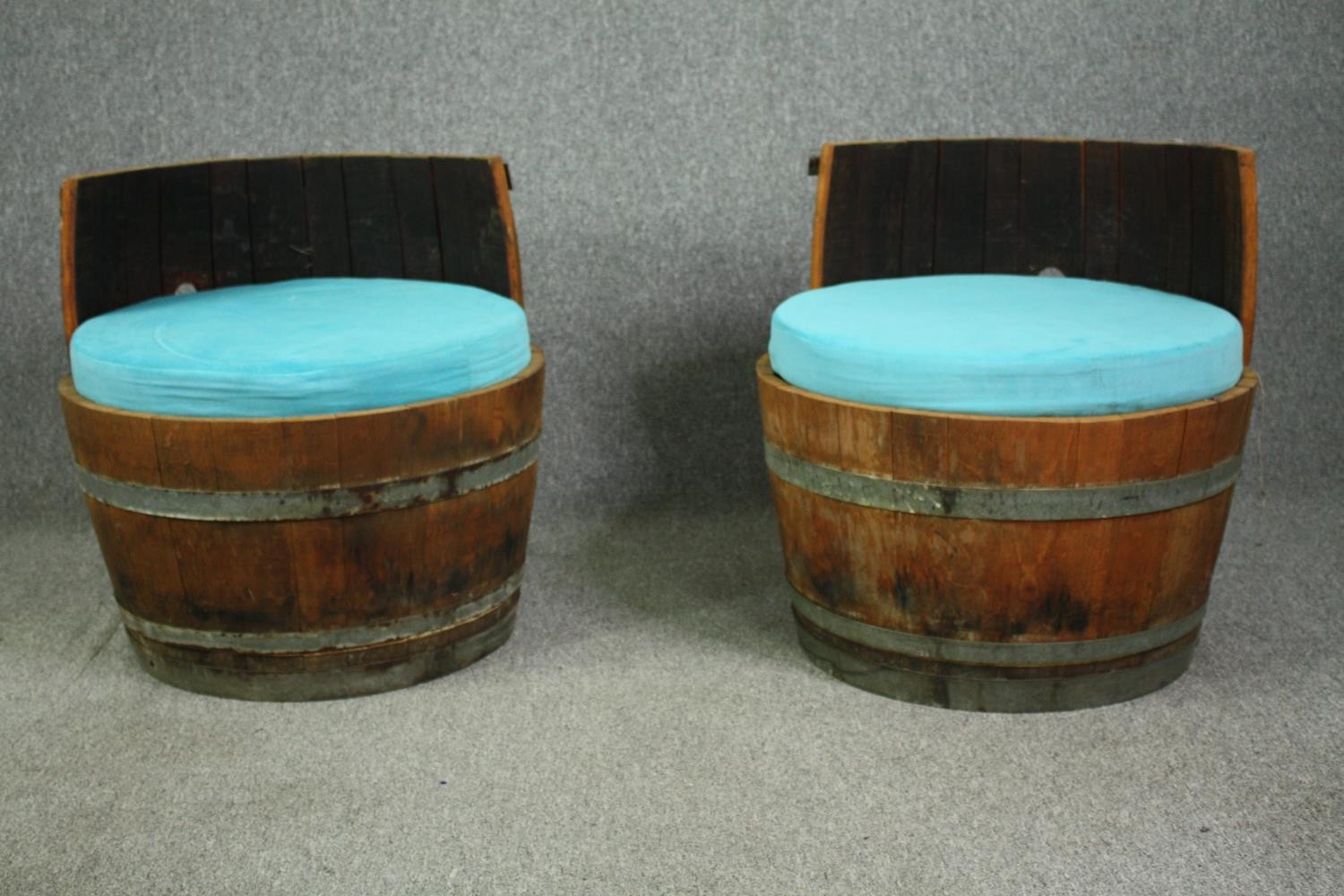 A pair of tub chairs, converted from coopered hardwood and metal mounted barrels with electric - Image 6 of 6