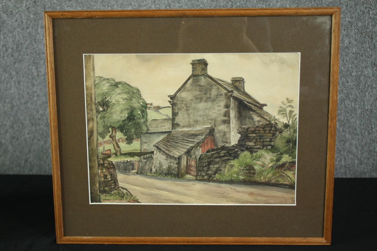 A watercolour of a cottage and another sepia landscape, both framed and glazed. H.40 W.47cm. ( - Image 5 of 7