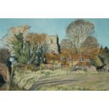 John Doyle b.1928, a watercolour of an English countryside landscape with church tower, signed, in a