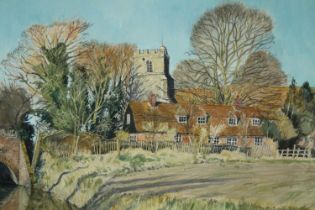 John Doyle b.1928, a watercolour of an English countryside landscape with church tower, signed, in a