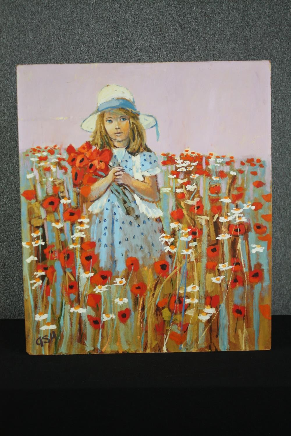 An oil on board, a girl in a poppy field, signed Ash. H.87 W.74cm. - Bild 2 aus 4