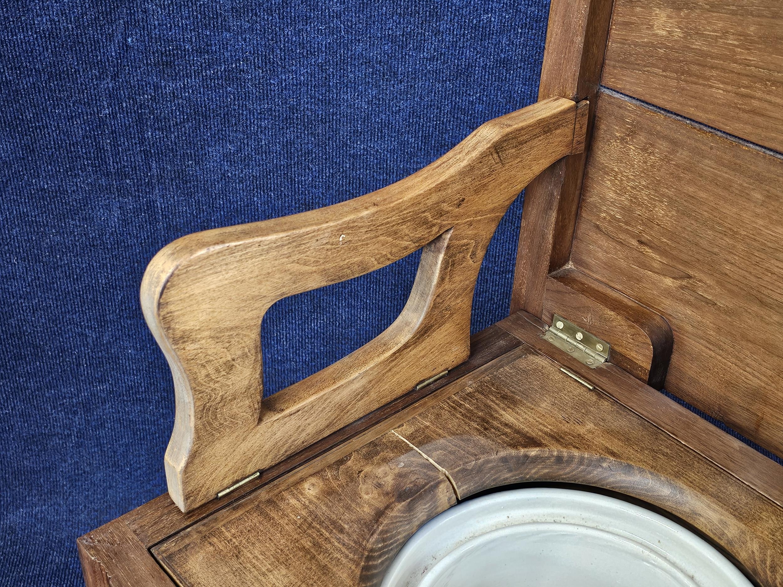 An elm campaign style commode chair with hinged lid. H.84 W.51 D.45cm. - Image 3 of 6