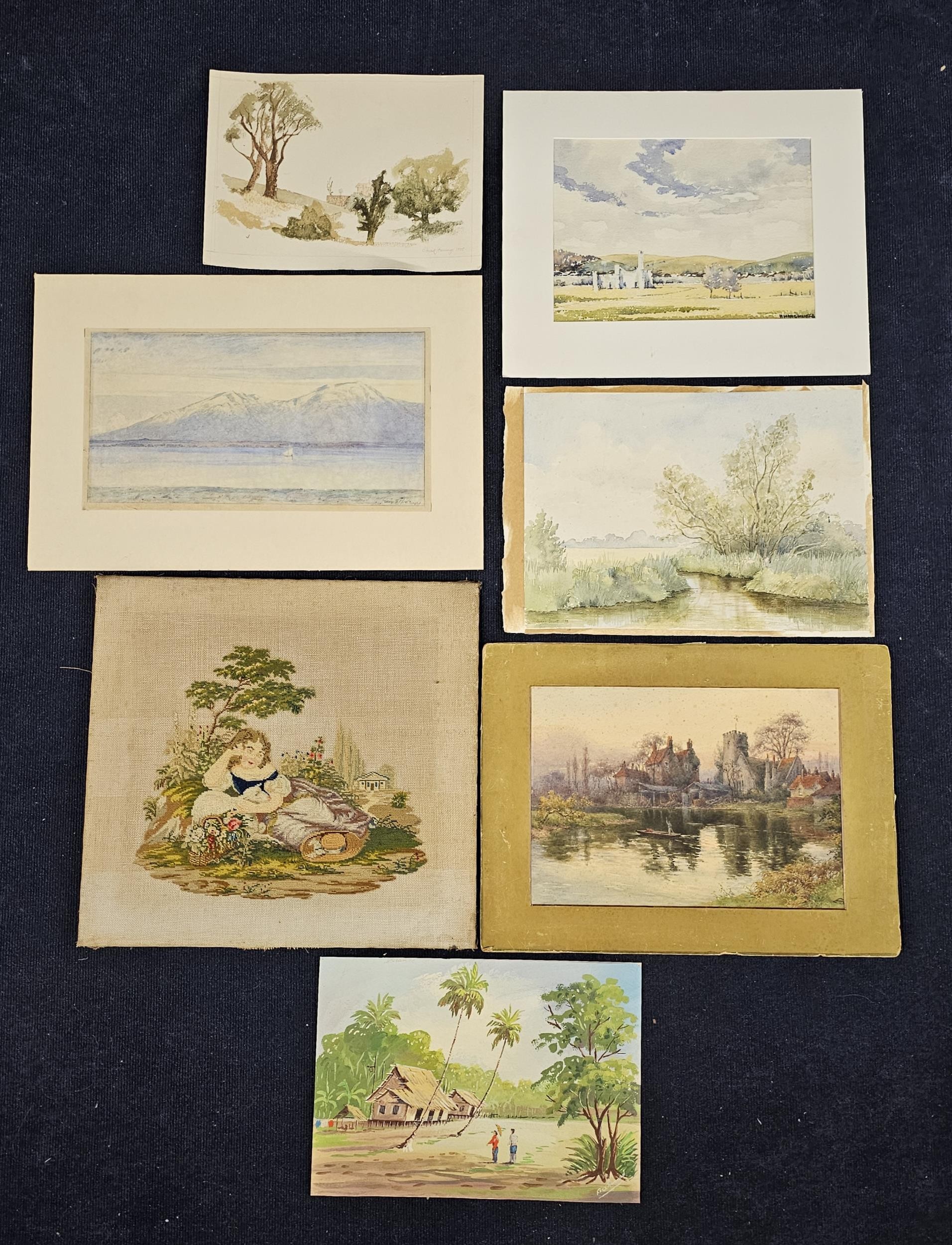 Six various unframed watercolour landscapes, and a needlework picture of a girl with a lamb. H.48