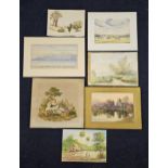 Six various unframed watercolour landscapes, and a needlework picture of a girl with a lamb. H.48