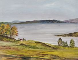 Oil on board, loch scene, within a white painted frame
