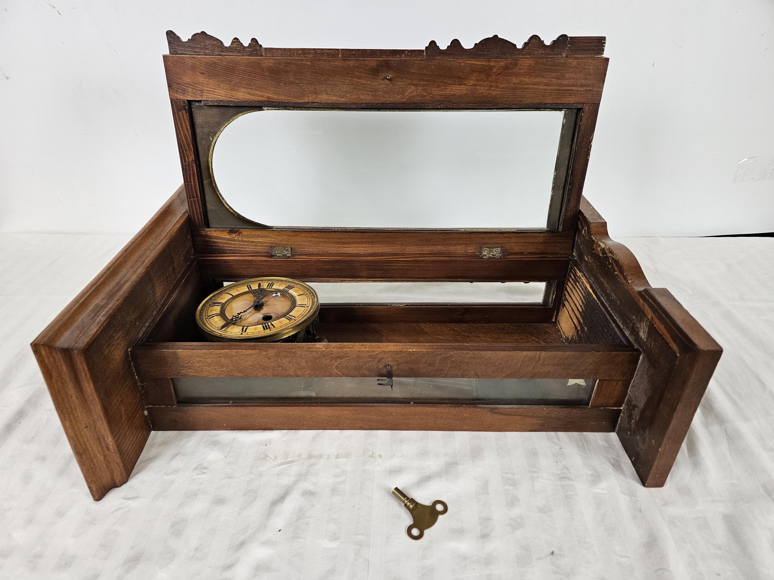 Two mantle clocks + An early 20th century German DRGM oak wall clock. - Image 12 of 13