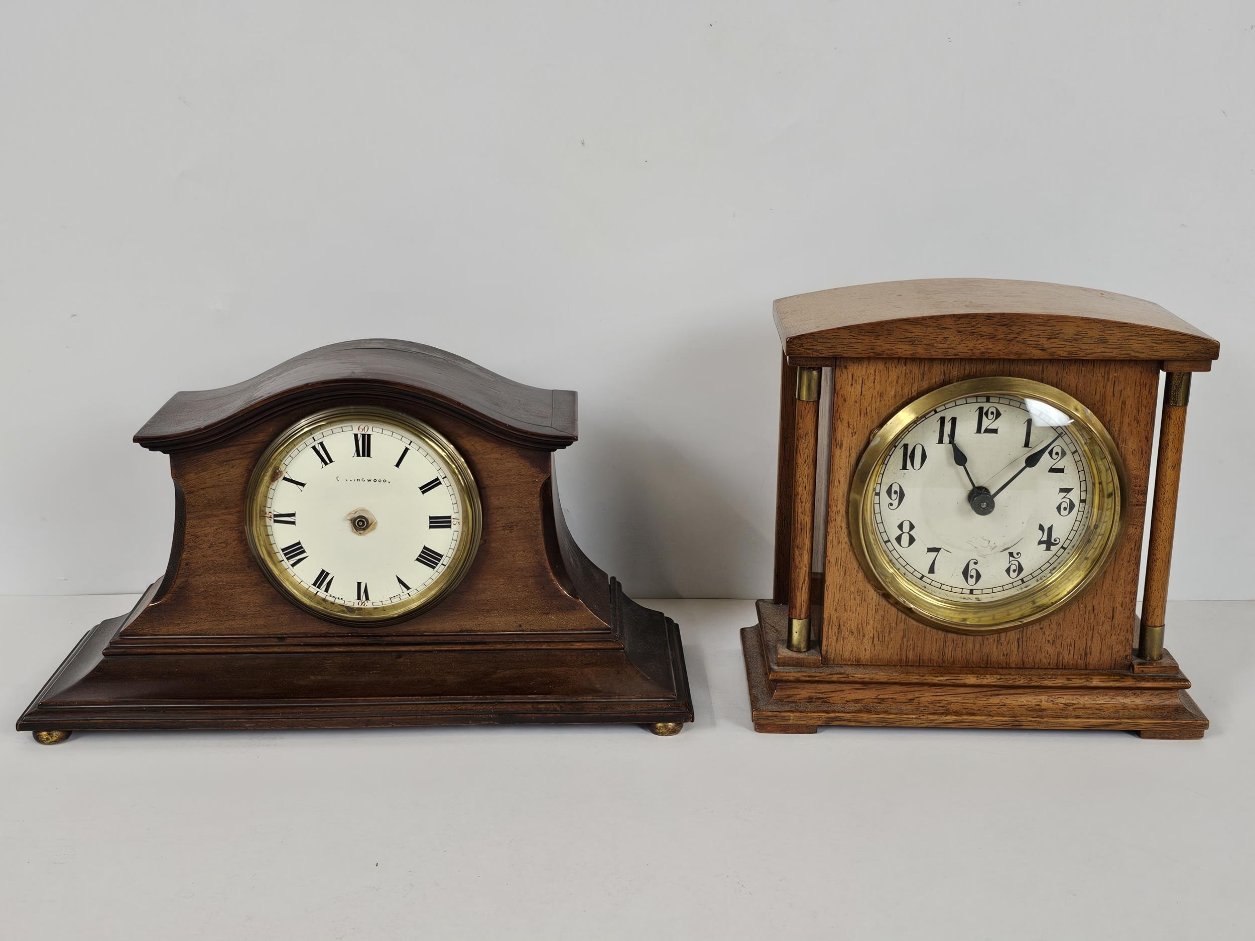 Two mantle clocks + An early 20th century German DRGM oak wall clock. - Image 2 of 13