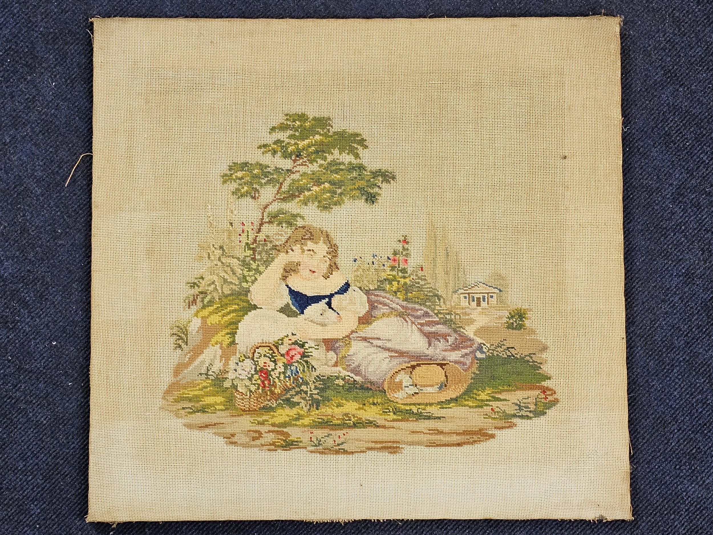 Six various unframed watercolour landscapes, and a needlework picture of a girl with a lamb. H.48 - Image 3 of 8