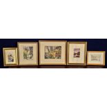 Five various watercolour landscapes, including one of a watermill signed C Adeane, all framed.