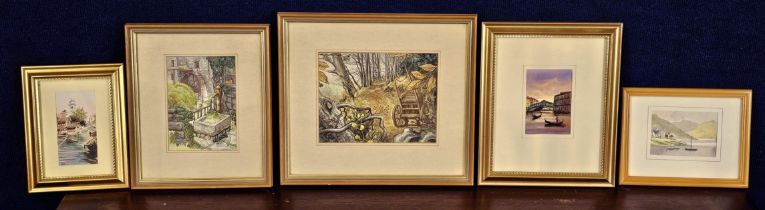 Five various watercolour landscapes, including one of a watermill signed C Adeane, all framed.