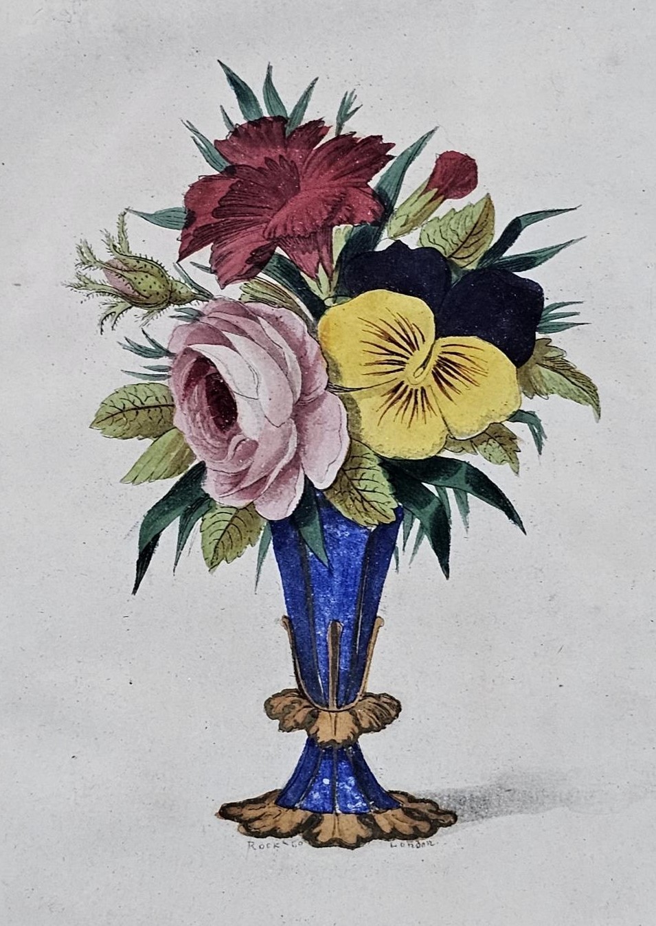 A watercolour and ink still life of flowers, in a giltwood frame. H. 43 W.36cm.