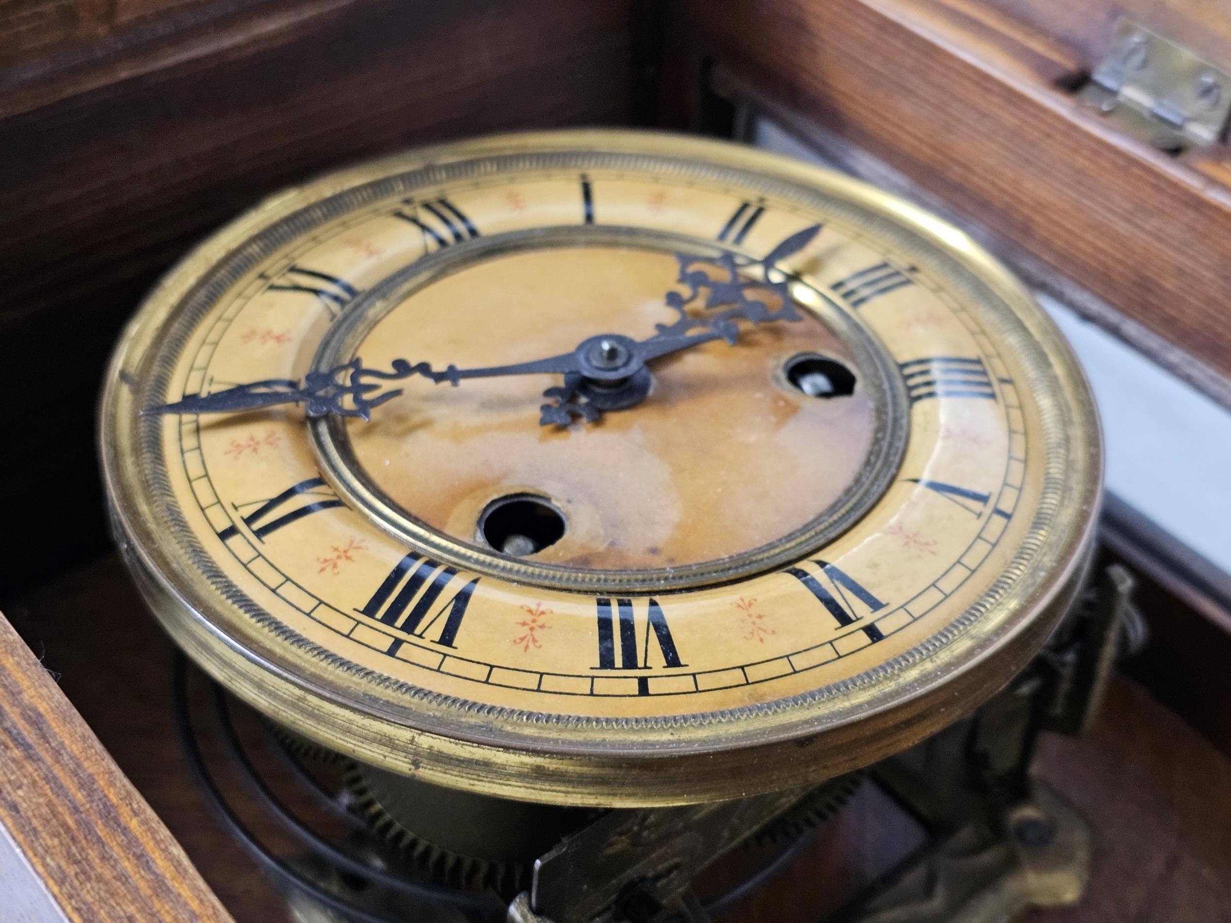 Two mantle clocks + An early 20th century German DRGM oak wall clock. - Image 13 of 13