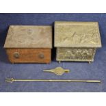 A C.1900 copper coal box, with neoclassical decoration plus another with coal fork & bellows.