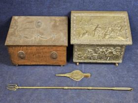 A C.1900 copper coal box, with neoclassical decoration plus another with coal fork & bellows.
