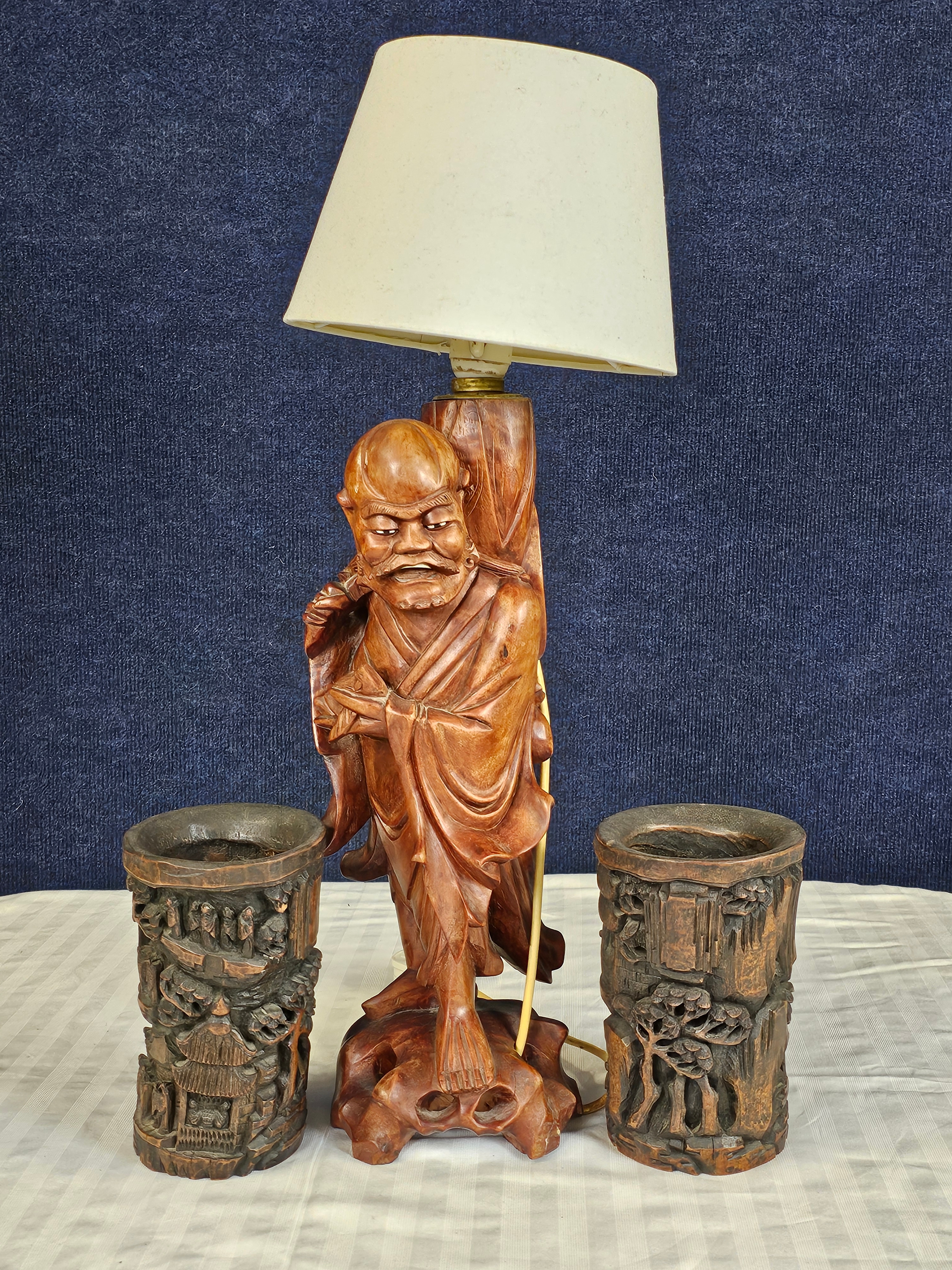 A Chinese God Longevity lamp along with two Chinese Bamboo brush pots. Vase is H.60cm. Pots are H.19 - Image 6 of 6