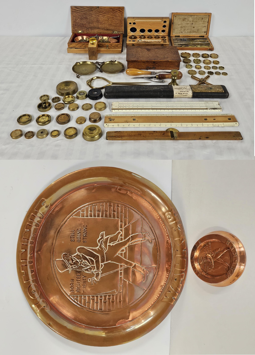 A large group of vintage brass weights, draughtman's geometry set, scales and rules plus two