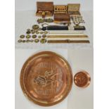 A large group of vintage brass weights, draughtman's geometry set, scales and rules plus two