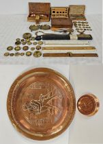 A large group of vintage brass weights, draughtman's geometry set, scales and rules plus two