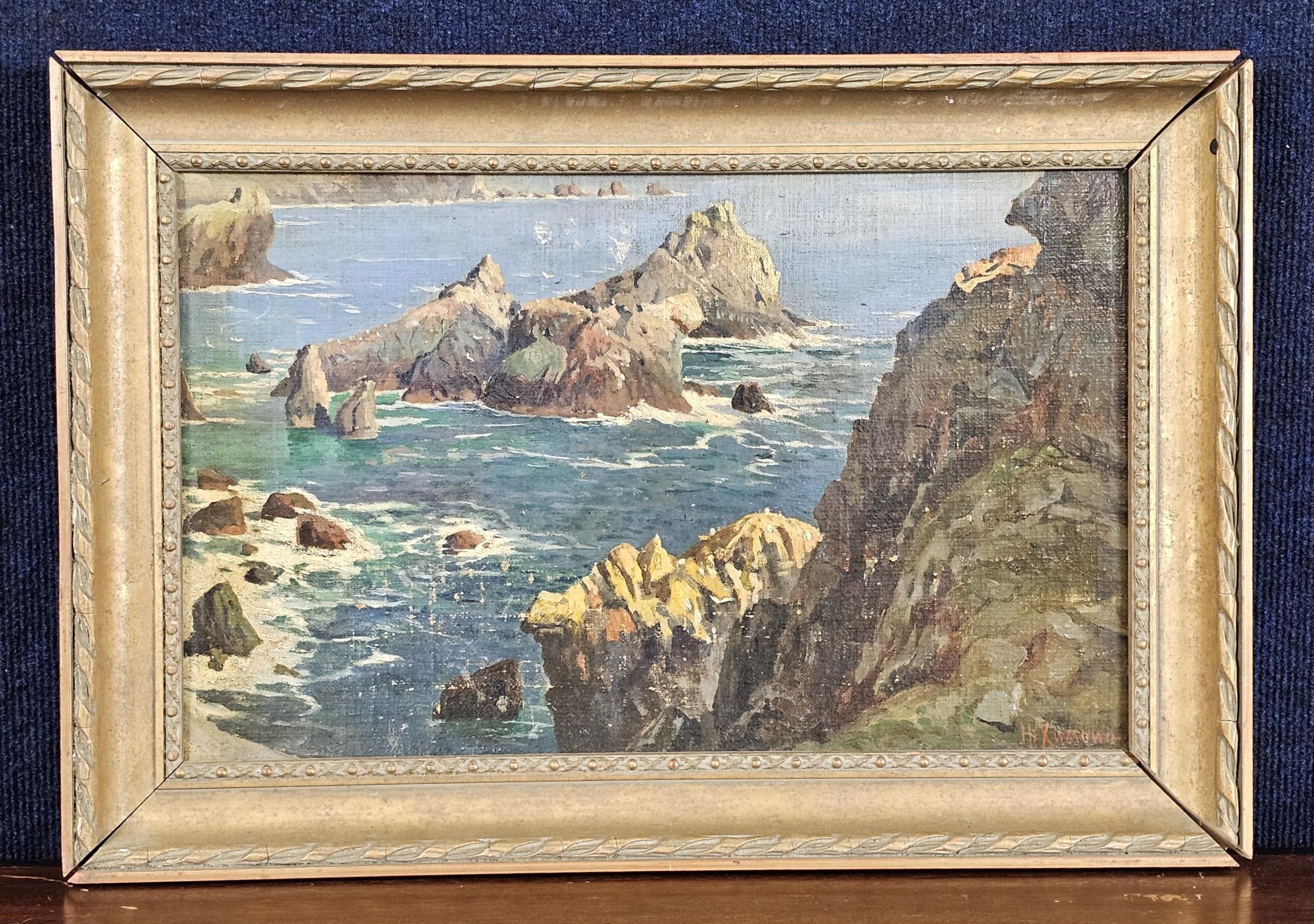 Oil on board, coastal seascape, signed H Ximona? in a giltwood frame. H.39 W.57cm. - Image 2 of 7