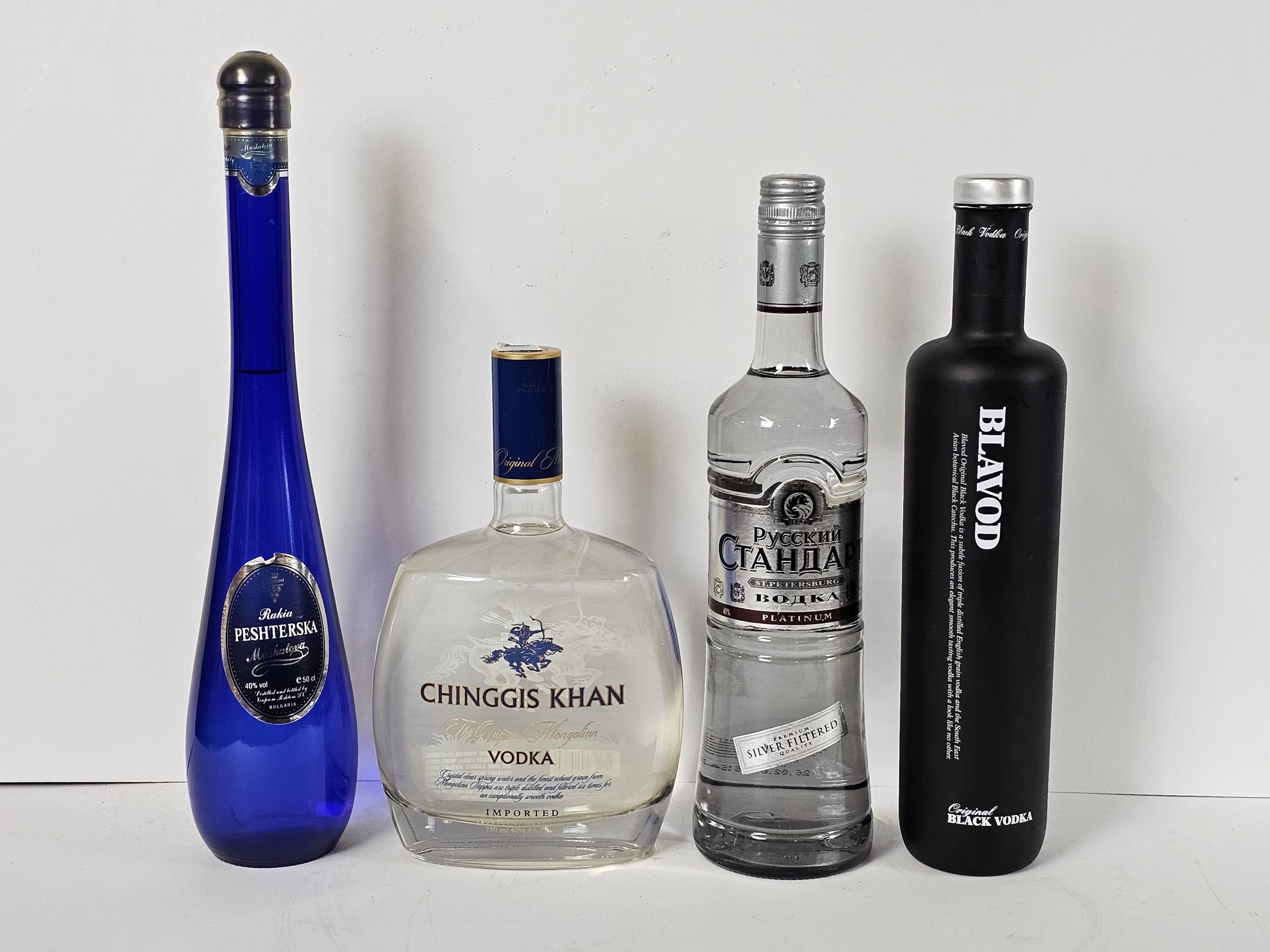 A bottle of Blavod Black Vodka, UK, together with a bottle of Chinggis Khan Vodka, Mongolia, and a