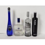 A bottle of Blavod Black Vodka, UK, together with a bottle of Chinggis Khan Vodka, Mongolia, and a