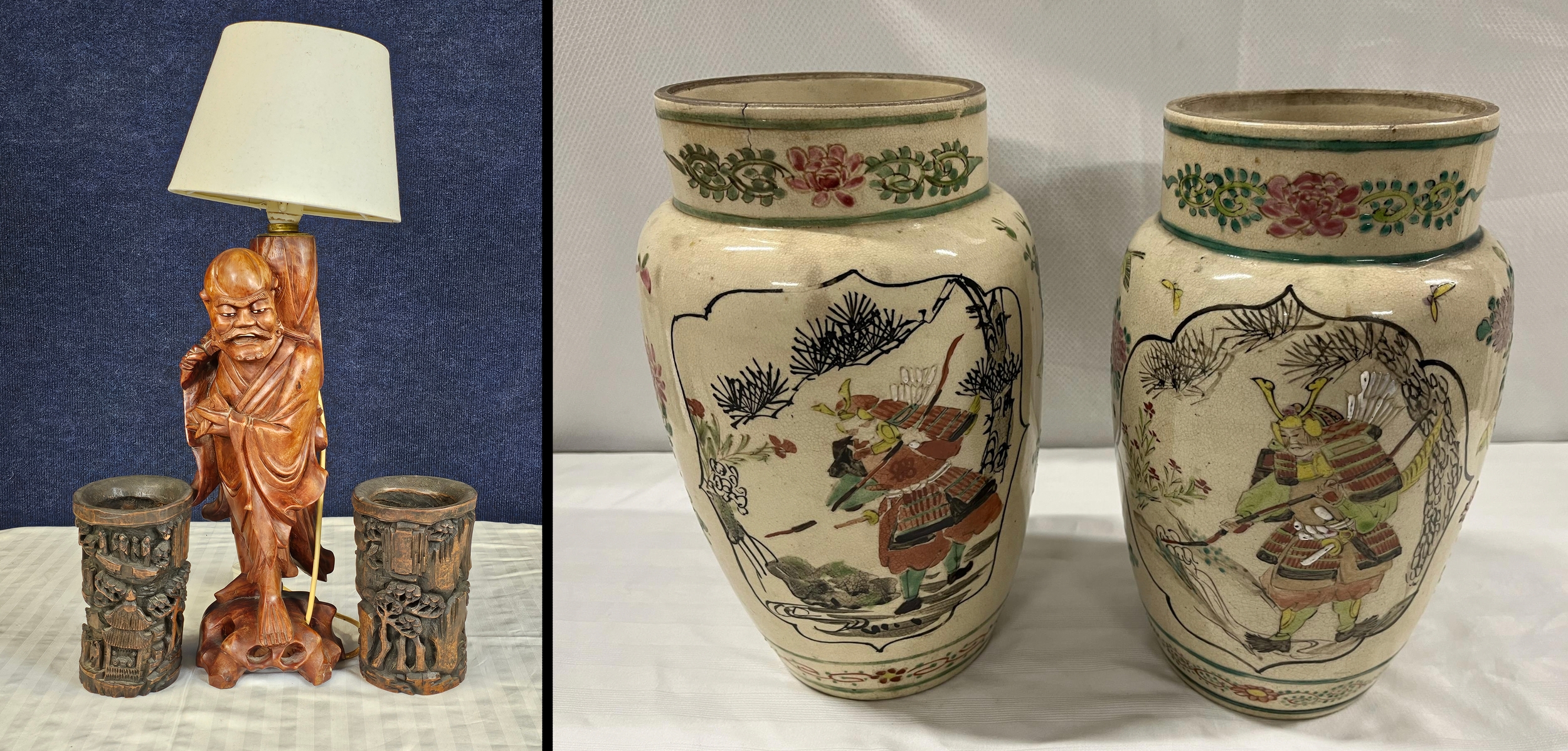 A Chinese God Longevity lamp along with two Chinese Bamboo brush pots. Vase is H.60cm. Pots are H.19