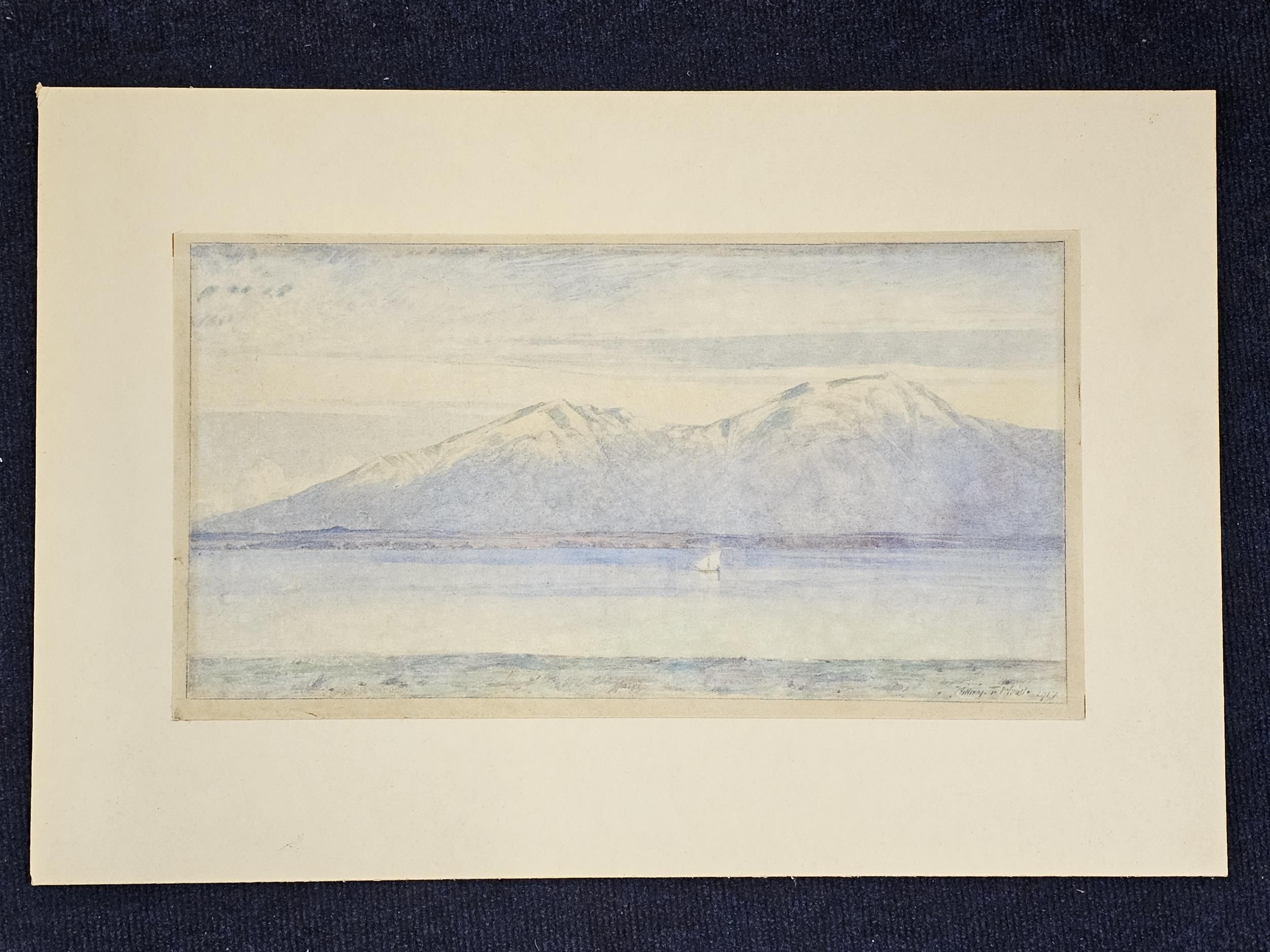 Six various unframed watercolour landscapes, and a needlework picture of a girl with a lamb. H.48 - Image 8 of 8