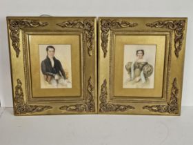A companion pair of watercolour society portraits, of a man and lady, signed and dated WOOD 1835, in