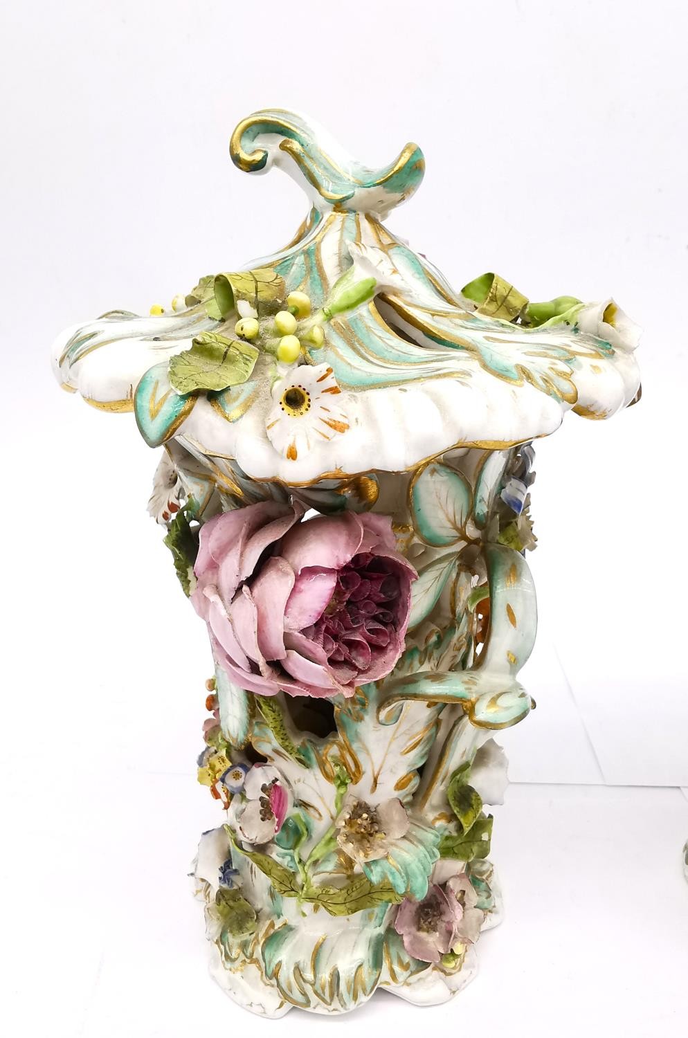 A pair of mid 19th century Bloor Derby floral encrusted hand painted porcelain Potpourri lidded - Image 3 of 16