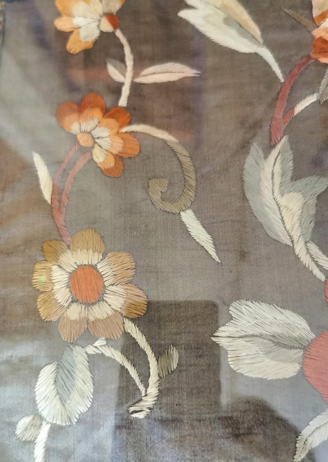 A framed and glazed early 20th century Chinese silk embroidery of flowers, with a silk brocade - Image 6 of 9