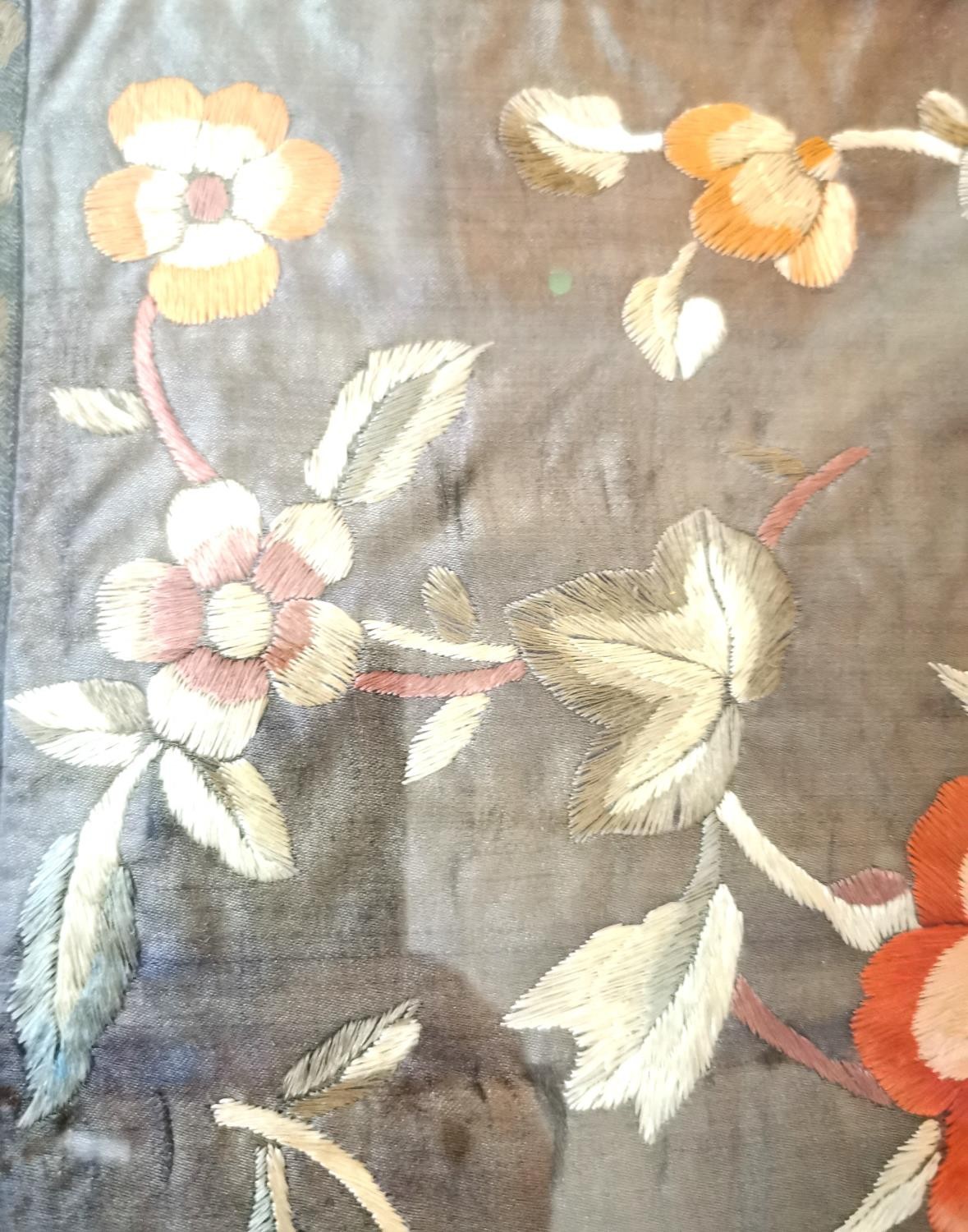 A framed and glazed early 20th century Chinese silk embroidery of flowers, with a silk brocade - Image 8 of 9