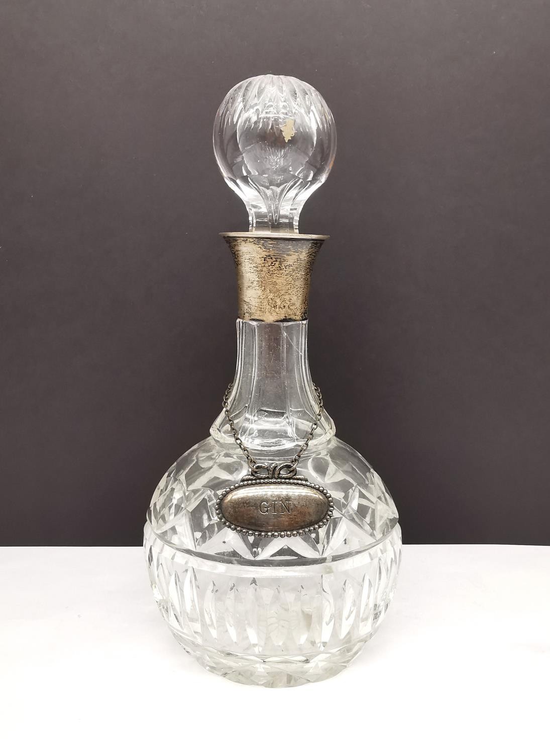 A Mappin & Webb cut crystal decanter with silver collar and EPNS 'Gin' label. (hair line crack to - Image 2 of 7