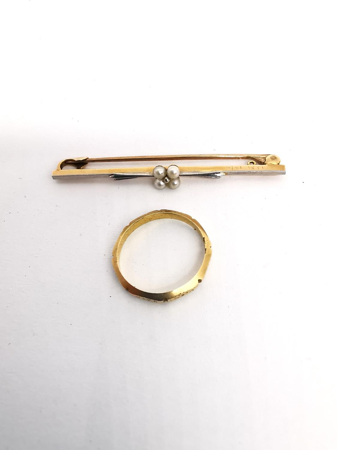 A 15ct rose and white gold and pearl floral bar brooch along with a Victorian 18ct sectioned and