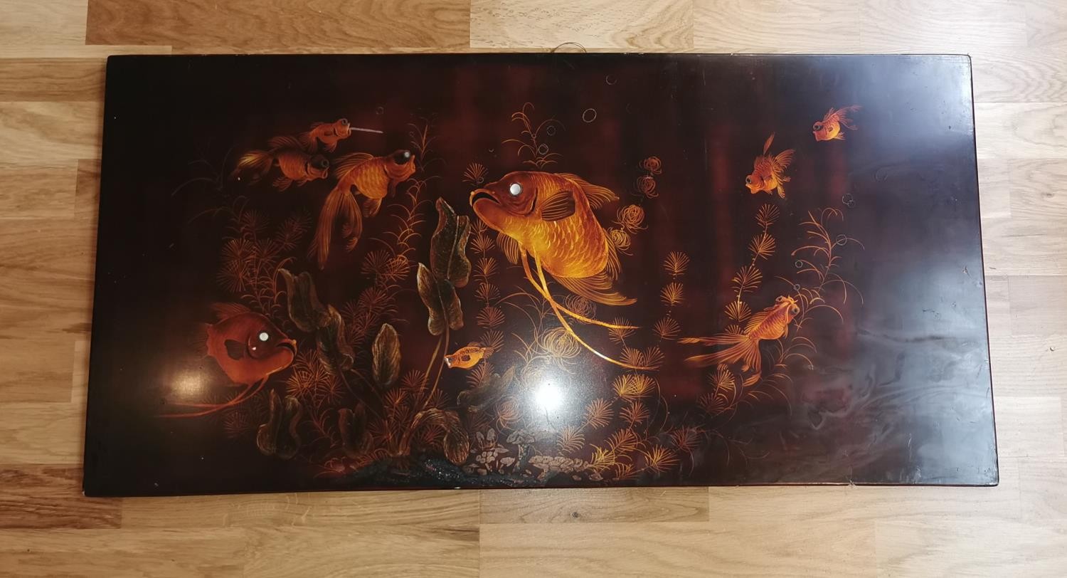 A 20th century Chinese lacquered wooden panel depicting carp and fantail gold fish among water - Image 2 of 6