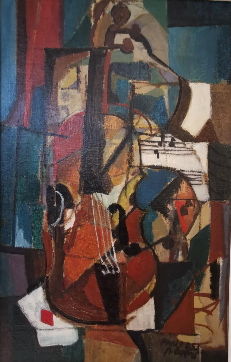 Bertrand Dorny, French (1931 - 2015), oil on board, modernist abstract of a cello and sheet music,