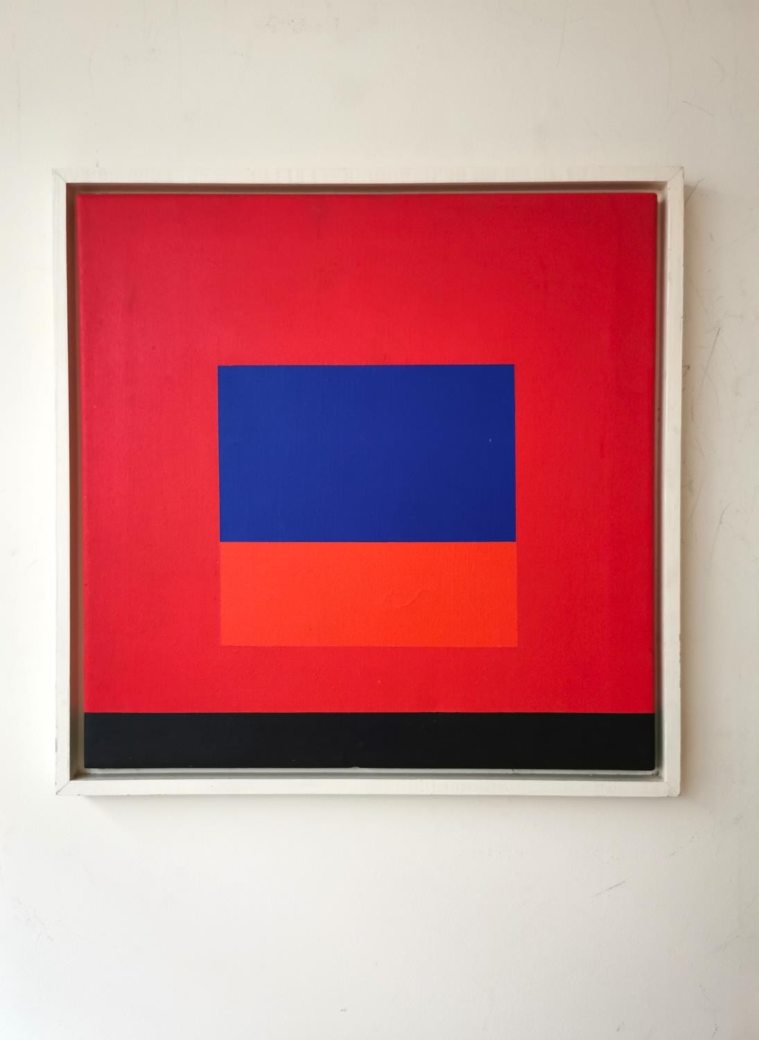 John Holden, British, (1942-), oil on canvas, block colour composition red, blue and black, titled - Image 2 of 6