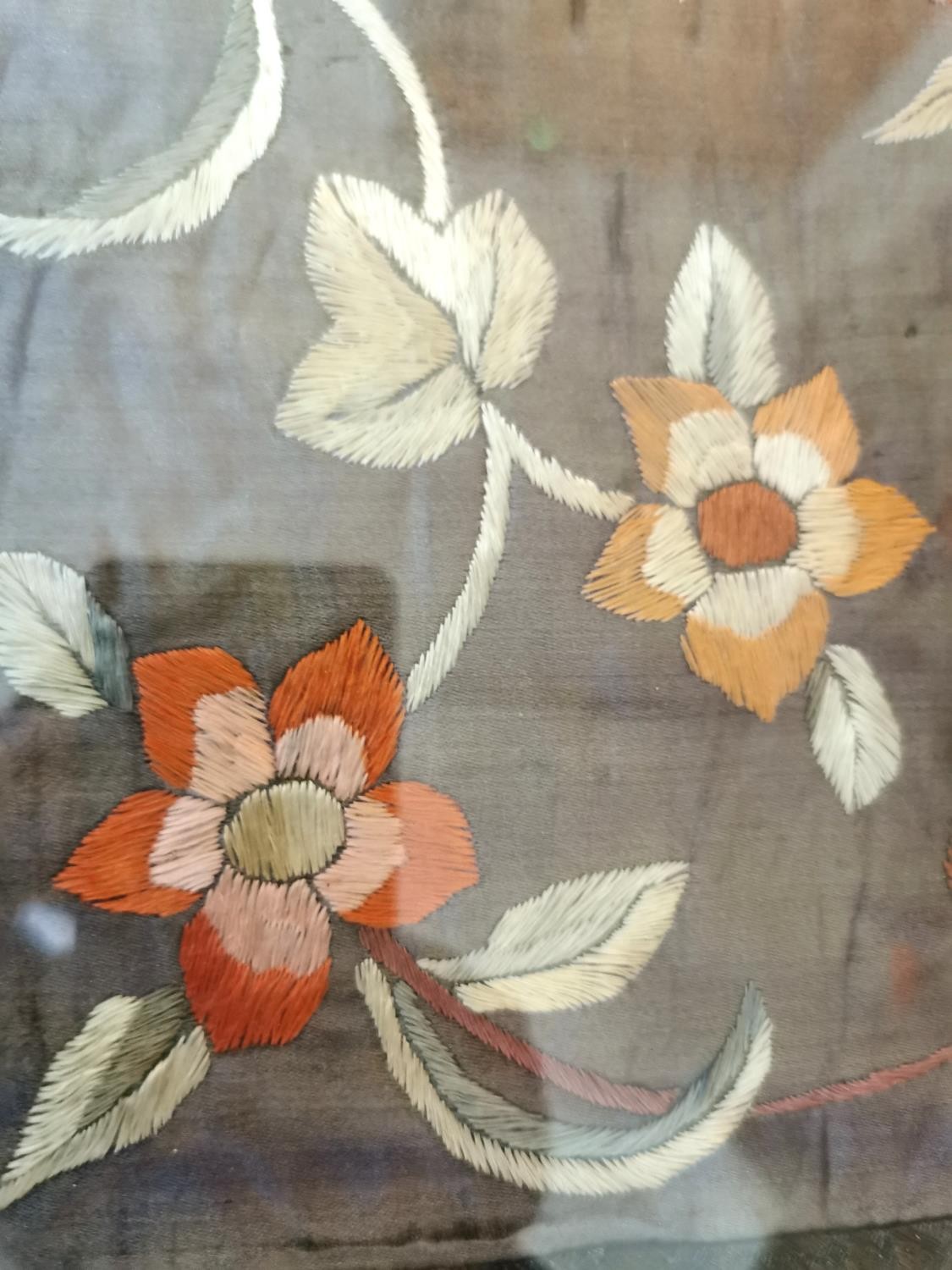 A framed and glazed early 20th century Chinese silk embroidery of flowers, with a silk brocade - Image 7 of 9