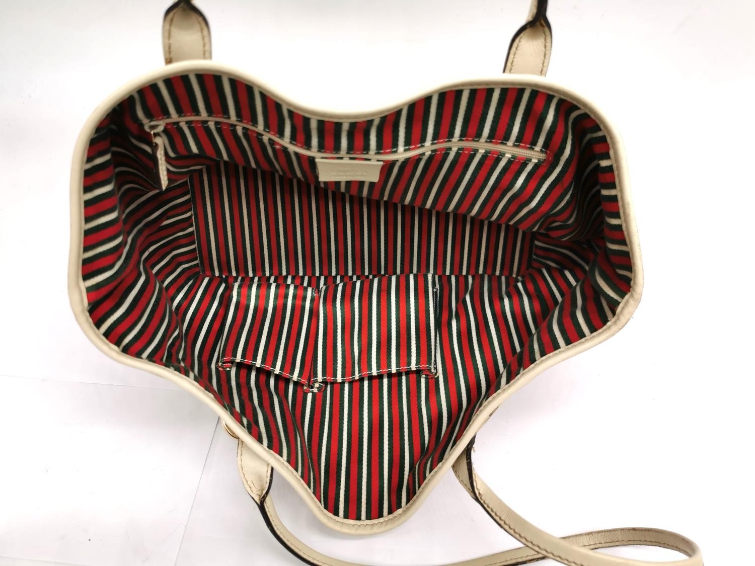 A Gucci GG canvas brtitt large tote bag beige and ebony, red, green and white striped interior. Base - Image 6 of 8