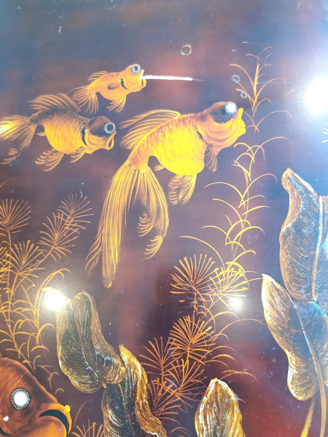 A 20th century Chinese lacquered wooden panel depicting carp and fantail gold fish among water - Image 6 of 6