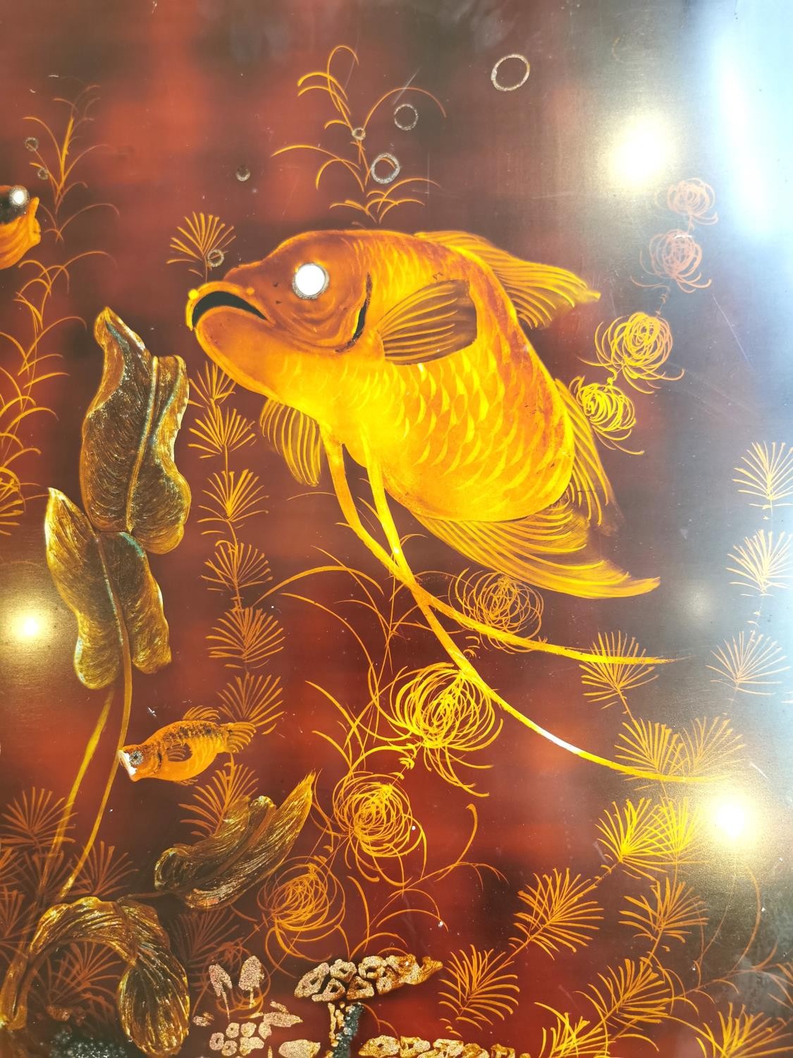 A 20th century Chinese lacquered wooden panel depicting carp and fantail gold fish among water - Image 4 of 6