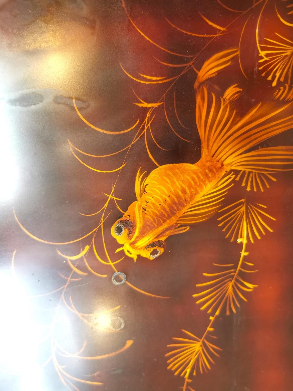 A 20th century Chinese lacquered wooden panel depicting carp and fantail gold fish among water - Image 5 of 6