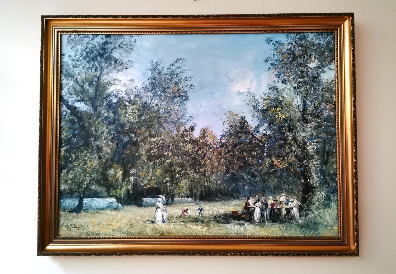 R. J. Bizet, French (1922 - 2015), oil on canvas of an outside picnic in the grounds of a country - Bild 2 aus 9